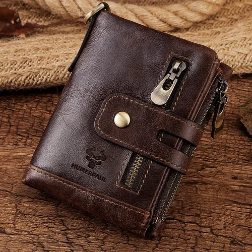 HUMERPAUL 100% Cartera de cuero genuino con tarjetero de alta capacidad para hombre, monedero corto con doble cremallera RFID, bolsillo plegable para monedas