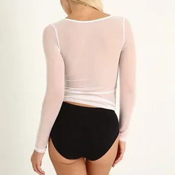 Zachte tops spandex wit/zwart pure T-shirt tee tops damesblouse ademend lange mouw mesh doorzichtig sexy