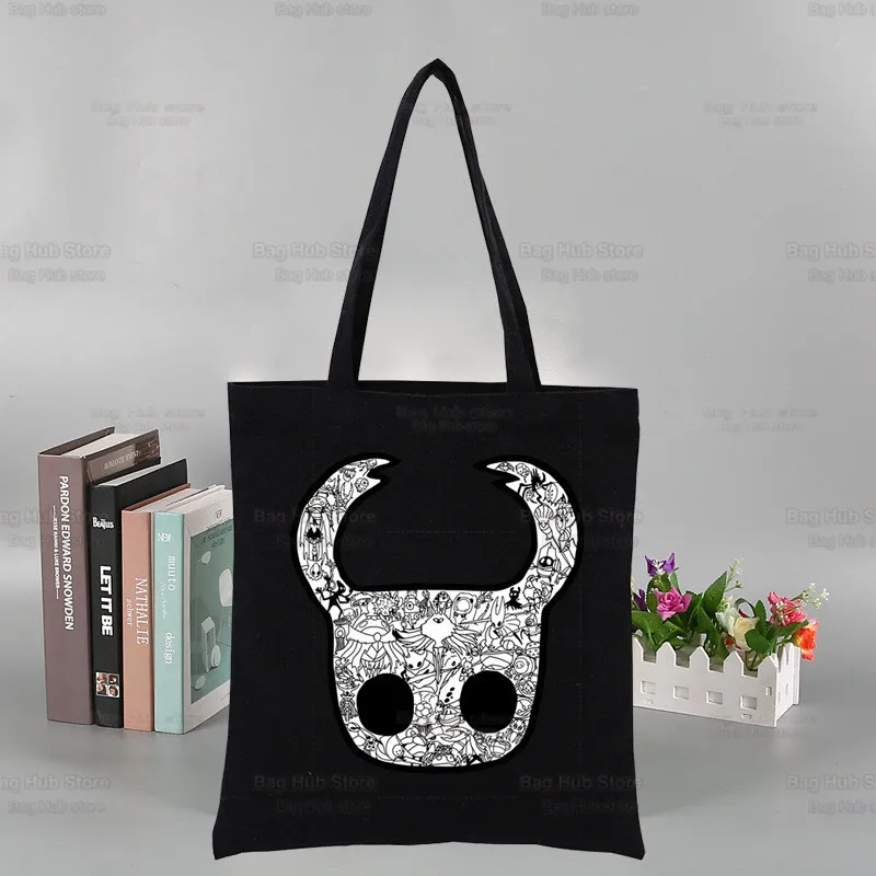 Hollow Knight Game Harajuku Shopping Black Bags Canvas Tote Bag Mom Reusable Cloth Bag Hollow Knight Anime Handbag Shoulder Bags