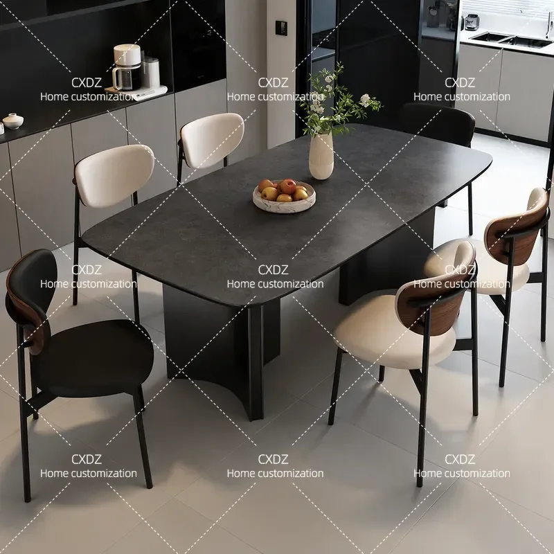 Nordic rock slab dining table rectangular household dining table modern simple light luxury matte stainless steel rock slab