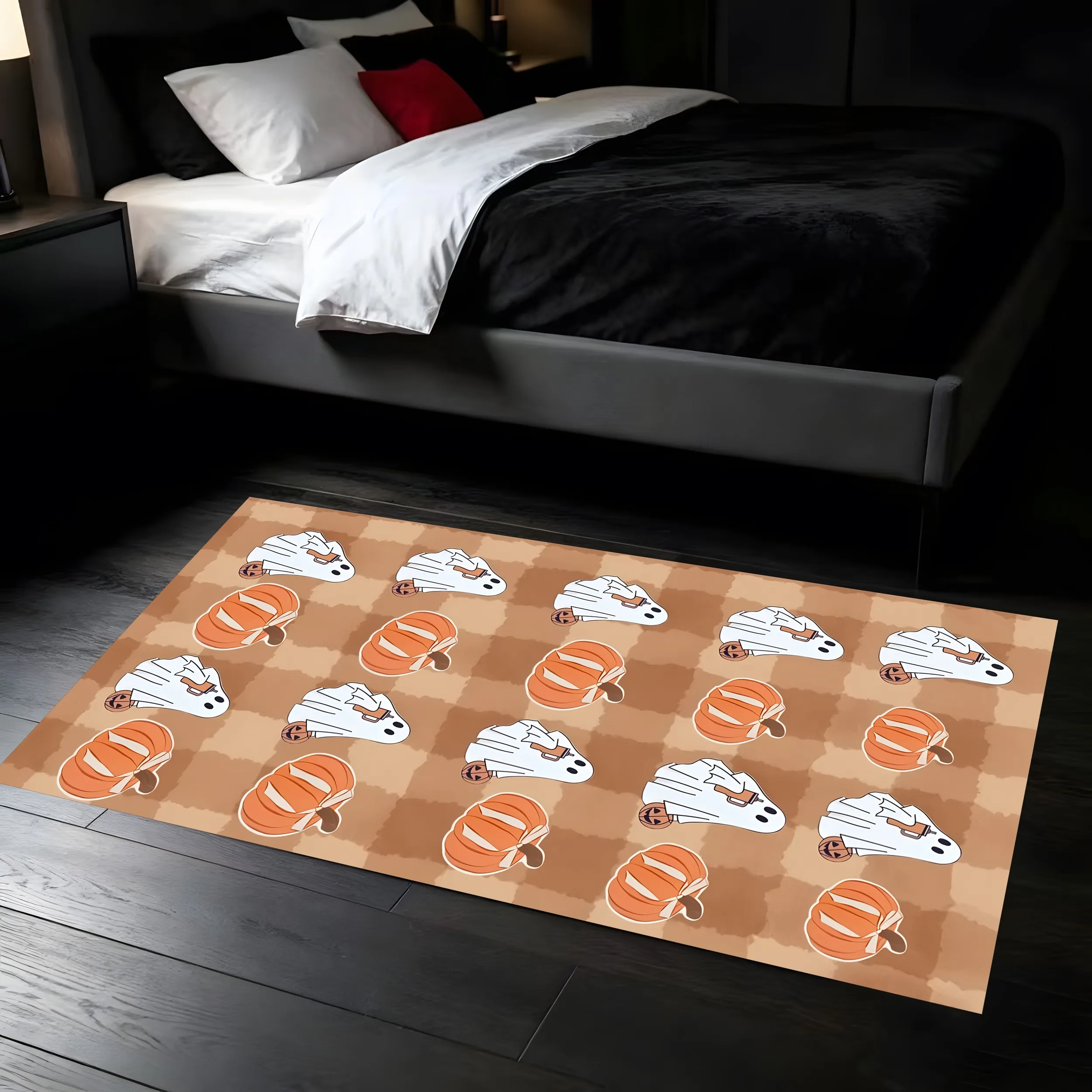 2D Khaki Checkered Pumpkin Ghost Rug Cute Adorable Style Soft Lively Halloween Atmosphere Healing Feeling Carpet