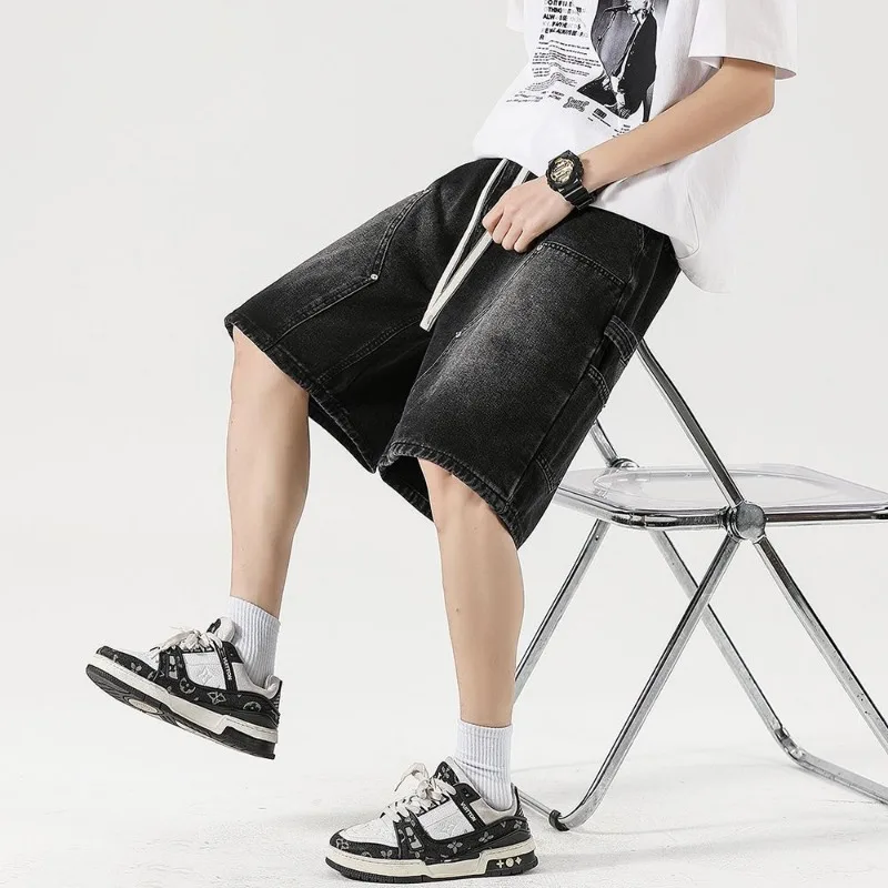 موضة الشارع الشهير الرجال الدنيم السراويل الصيف فضفاض خمر Harajuku الربط الهيب هوب البضائع موتو جينس قصير أسود أزرق