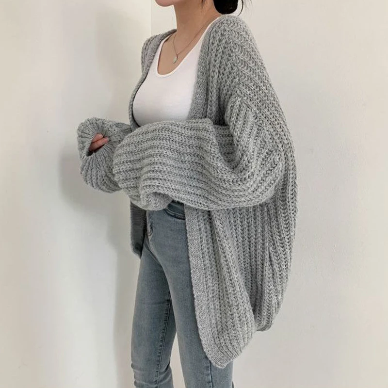 Rimocy Lantern Sleeve Oversized Cardigan Women 2024 Autumn Winter Knitted Sweater Woman Solid Color V Neck Loose Cardigan Female