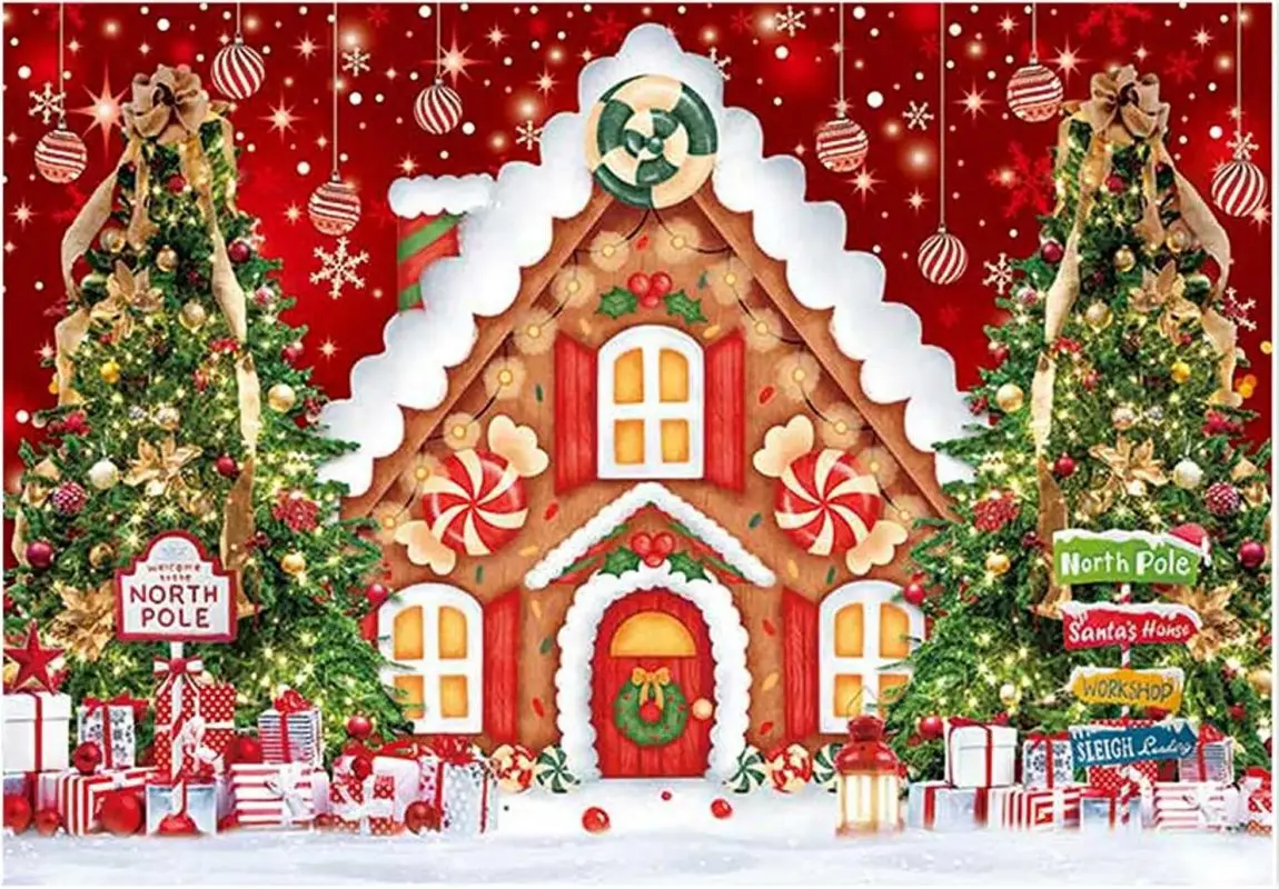 Merry Christmas Gingerbread House Backdrop for Photography Winter Merry Xmas Tree Background Santa Party Banner Decoration