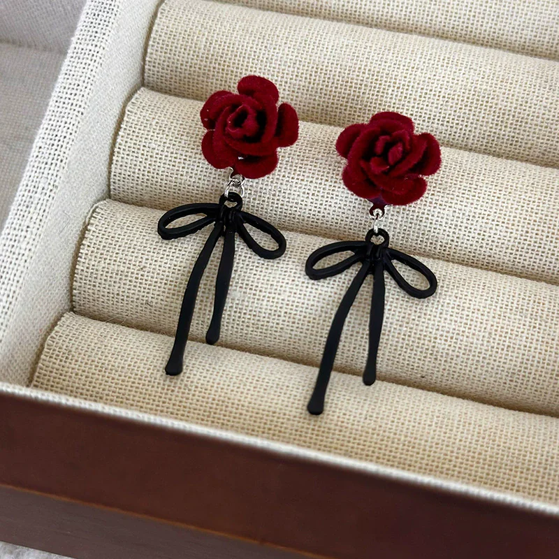 Vintage Flocking Rose Flower Earrings with bowknot pendant hanging Autumn Winter Fashion Jewelry Wedding Party Accessories