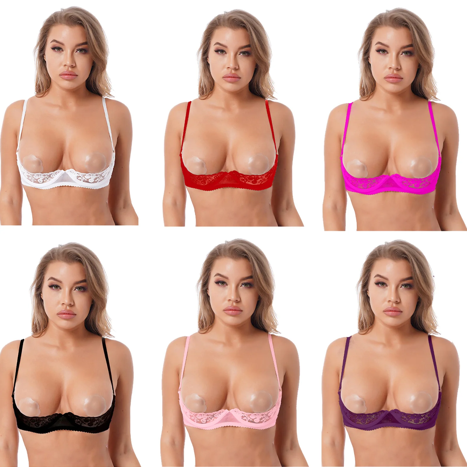 Womens Sexy Underwire Lace Bra Lingerie Exotic See-through Open Cups Exposed Nipples Chest Brace Brassiere Underwear Nightwear