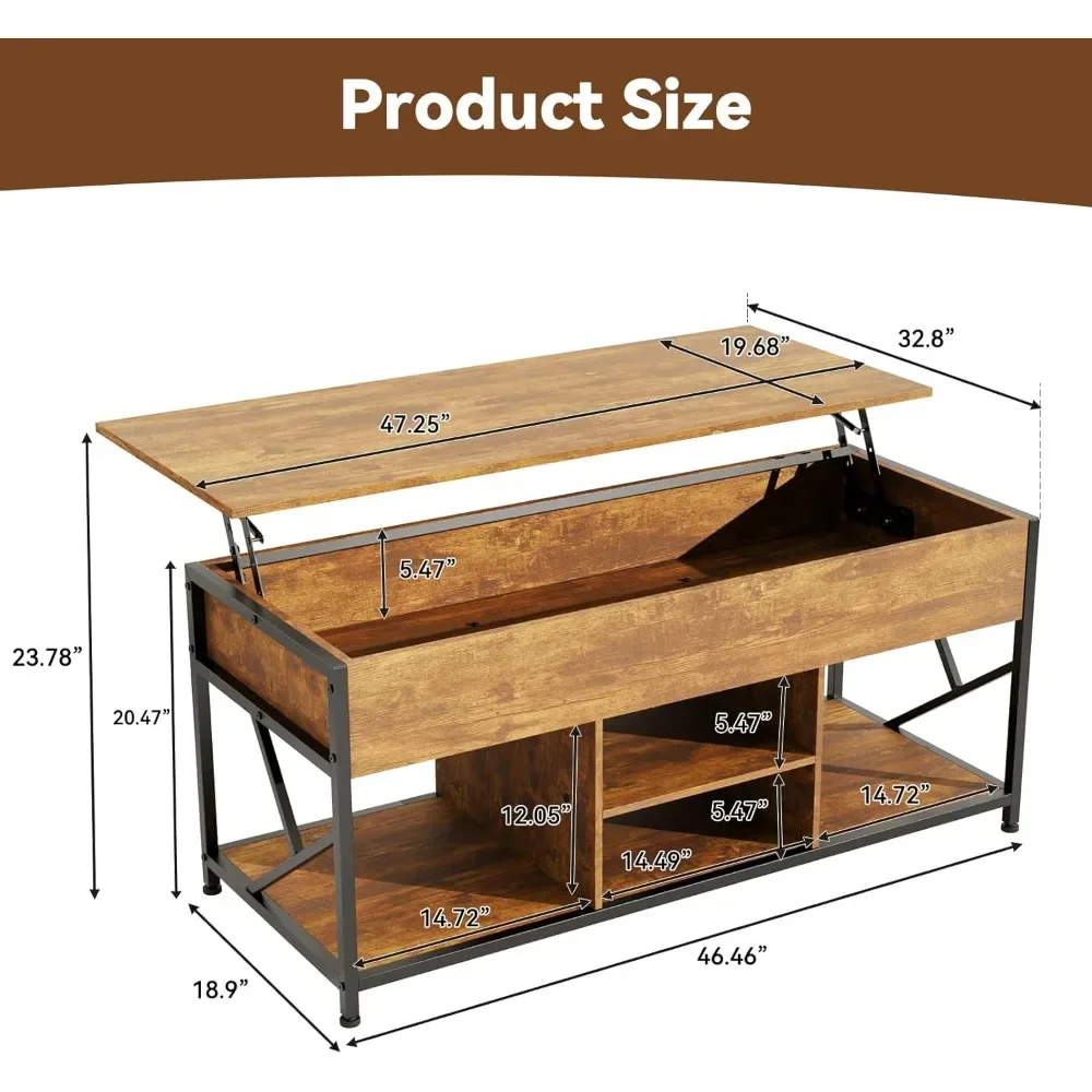 Mesa de centro, mesa de centro elevatória de 47,2 polegadas para sala de estar, mesas de sala de estar marrom rústico com armazenamento e compartimento oculto