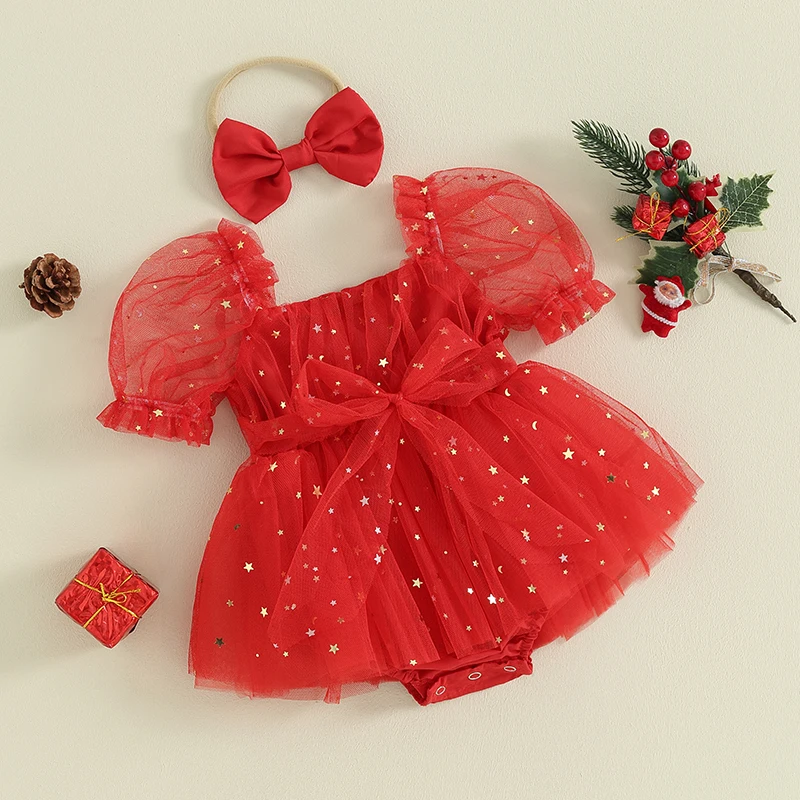 Christmas Baby Girls Short Puff Sleeve Romper Star Lace Mesh Tulle Jumpsuits + Headband Set Newborn Clothes Outfits