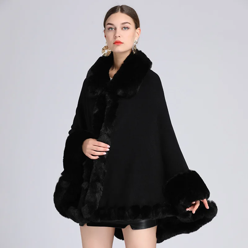 5 Color Winter Batwing Sleeves Cloak Women Warm White String Faux Rabbit Fur Turn-Down Collar Poncho Cape Knitted Outstreet Coat