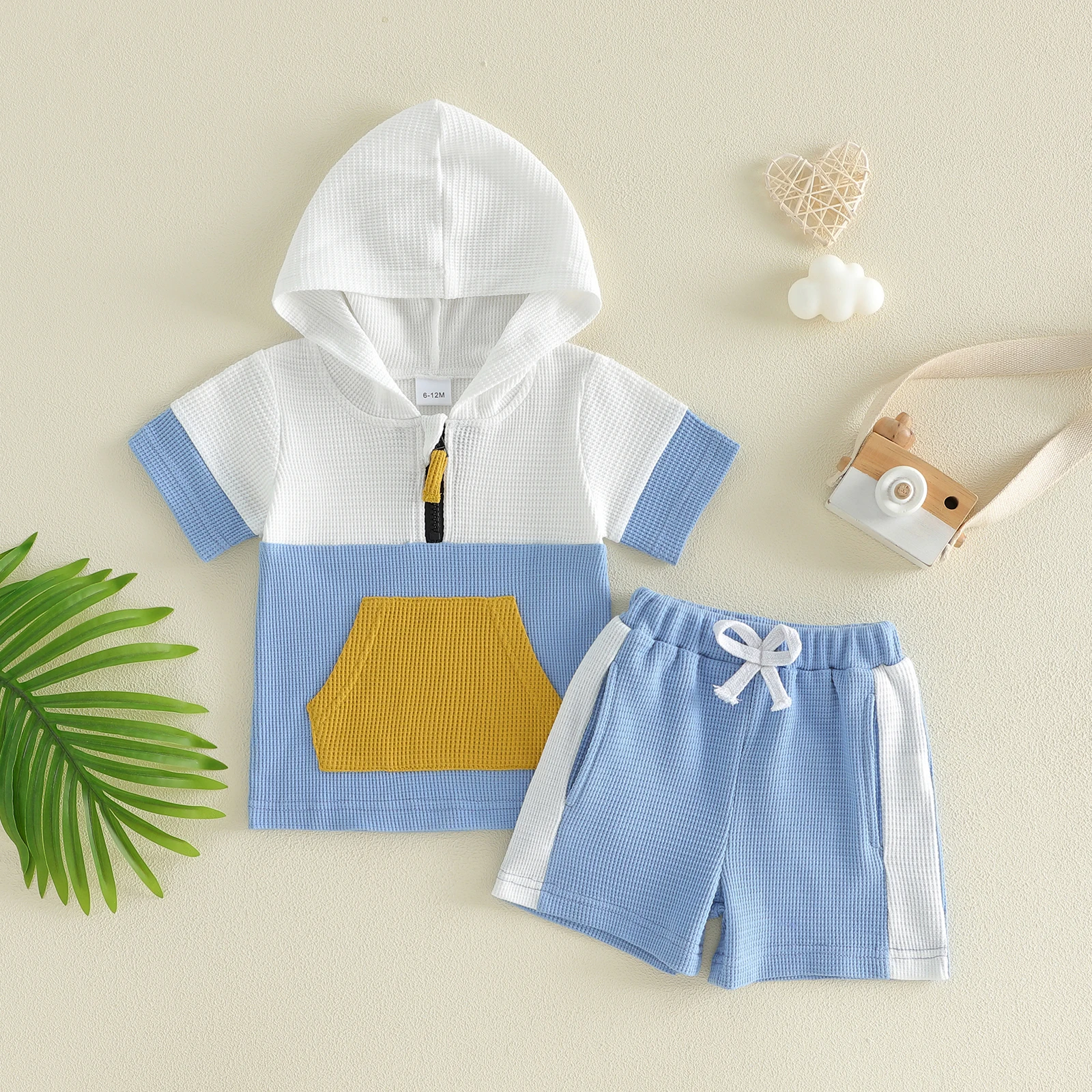 1-4Y Boys Summer Waffle Shorts Sets Short Sleeve Hooded Contrast Color Tops Drawstring Shorts Boys Outfits Set