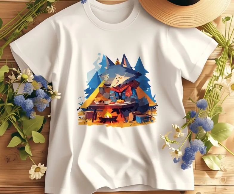 Wild Wolf Eating at Camp T Shirt Wilderness Nature Inspired Outdoor Adventure Cotton