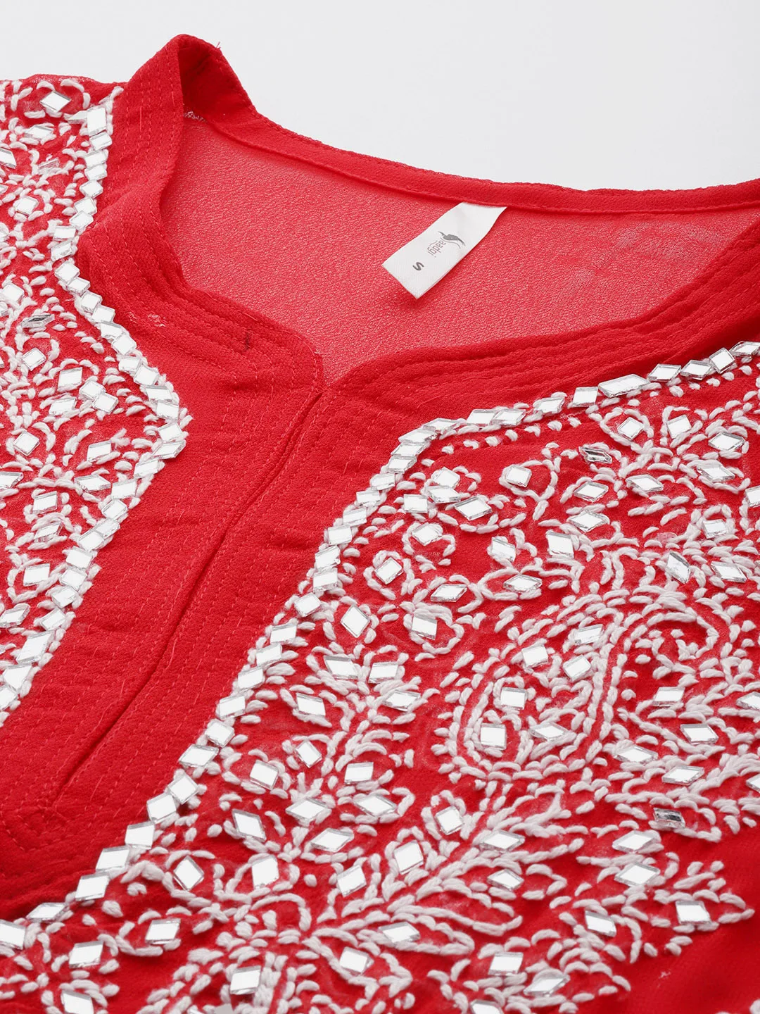 Women's Indian Mid Length Pure Hand Embroidered Top Red