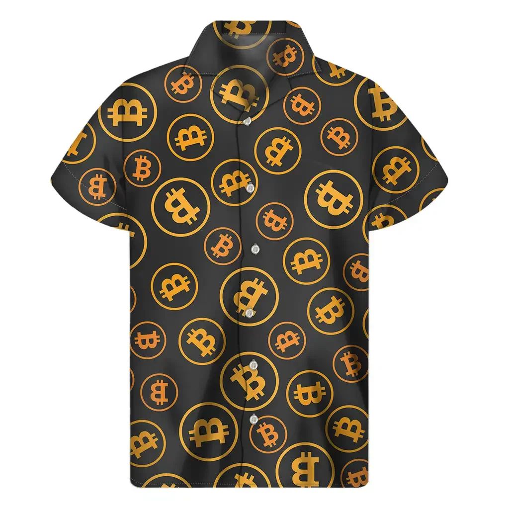 Bitcoin Link Printed Men's Short Sleeve Shirt Hawaiian Men's Casual Lapel Top Large Size Fashionable Men's Shirt 2024 New Style