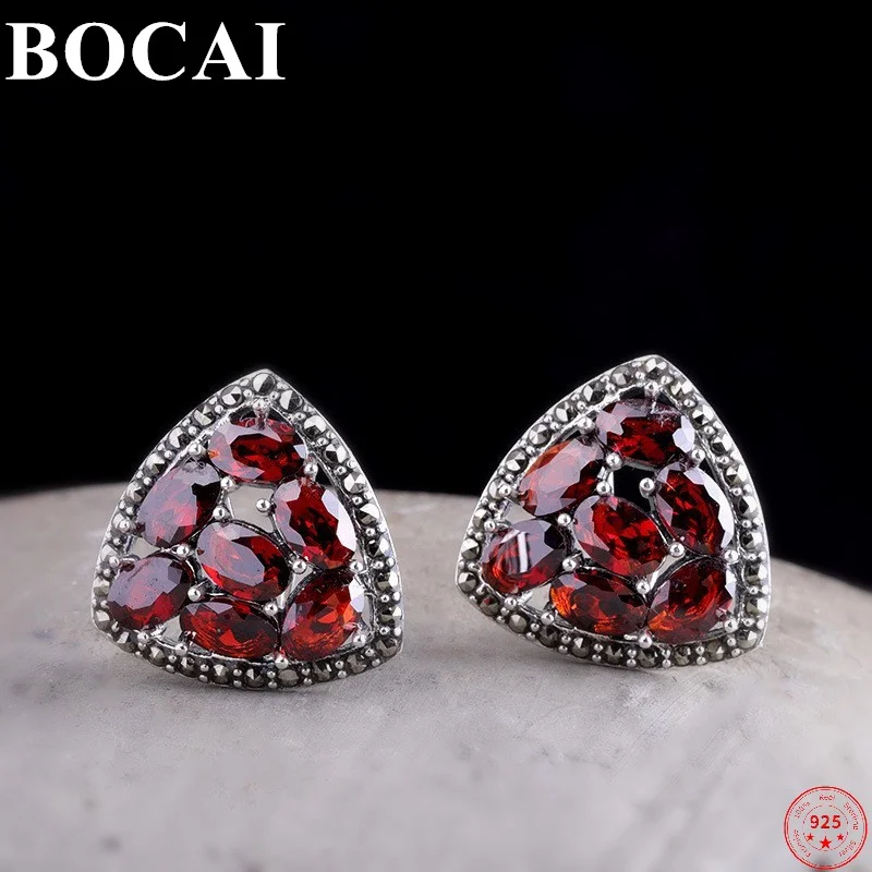 

BOCAI S925 Sterling Silver Ear Studs New Fashion Garnet Blue Zircon Pure Argentum Earrings for Women Free Shipping