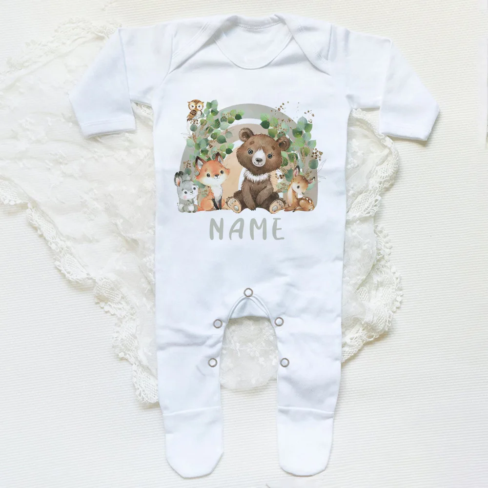 Personalised Forest Animal Rainbow Babygrow Sleepsuit Custom Name Infant Sleepsuit Baby Coming Home Outfit Newbron Shower Gift