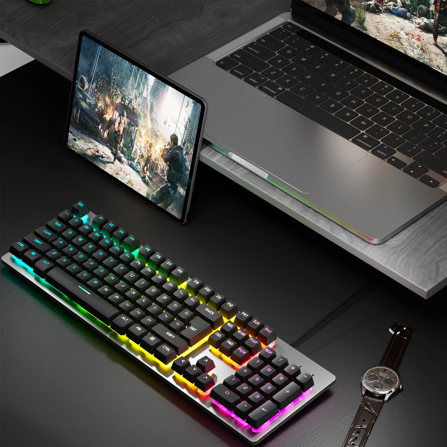 

Игровая клавиатура EWEADN GX300, 104 клавиши, проводная цельнометаллическая панель, бесшумная, проводная USB-подсветка, для игр и офиса, для портативных ПК с ОС Windows