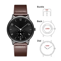 CL030 Genuine Leather Brand Your Own Watch Face Relojes Hombre Custom Men OEM Company Logo Watch Full Black with Subdial Watch