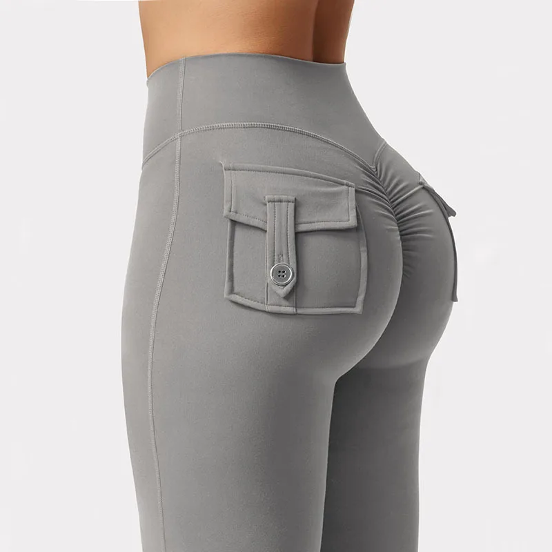 Women's Pocket Bell Bottoms Yoga High Waisted Hip Lifting Fitness Pants Quick Drying Running Exercise Fitness Gym
