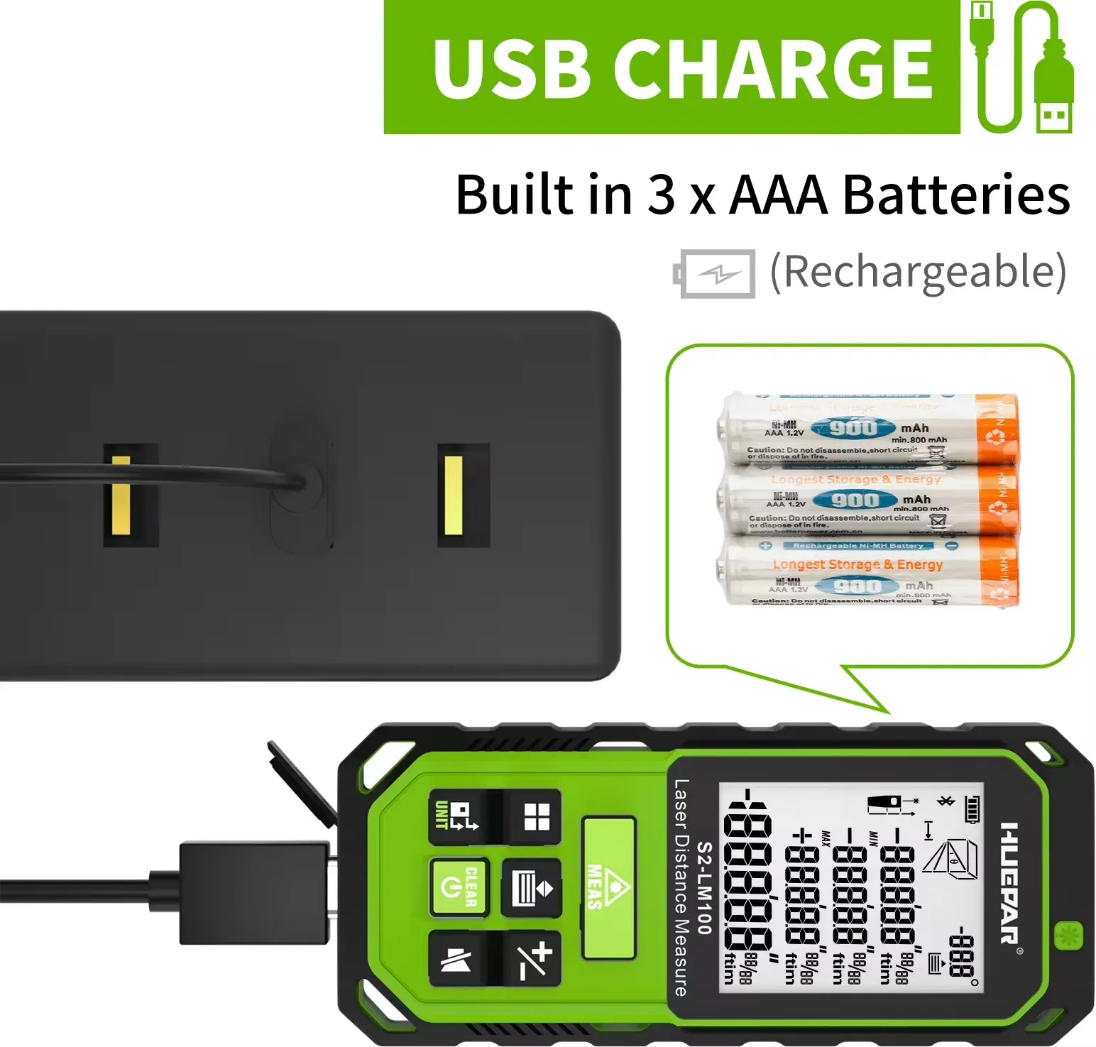 Huepar S2-LM100M Laser Distance Meter Rechargeable Green Beam Laser Rangefinder Measurement Tool M/in/Ft with Angle Sensor LCD