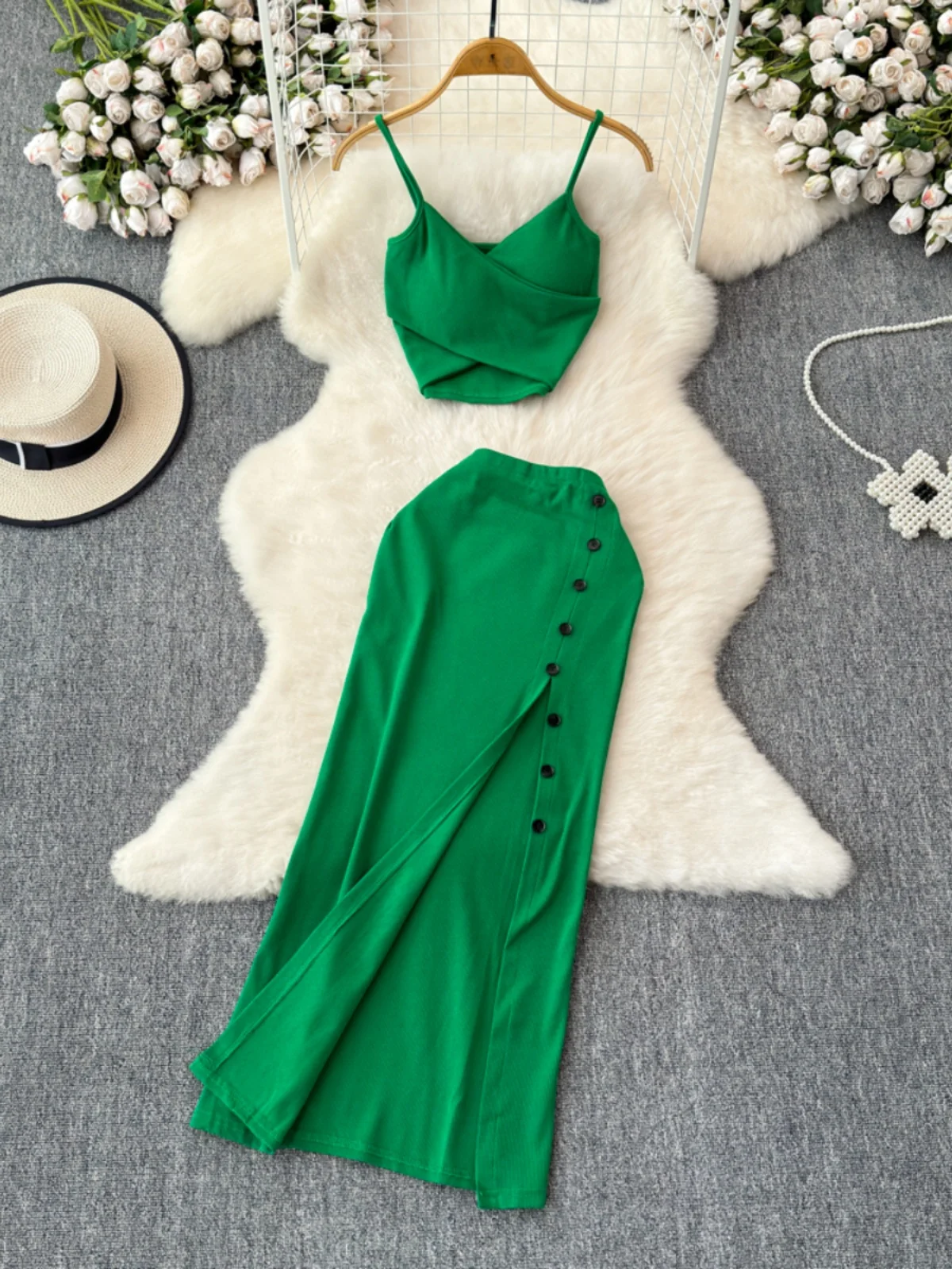 Fashionable Two-Piece Set Women's Summer Spicy Girl with Chest Pad Halter Top High Waist Slimming Split  Skirt