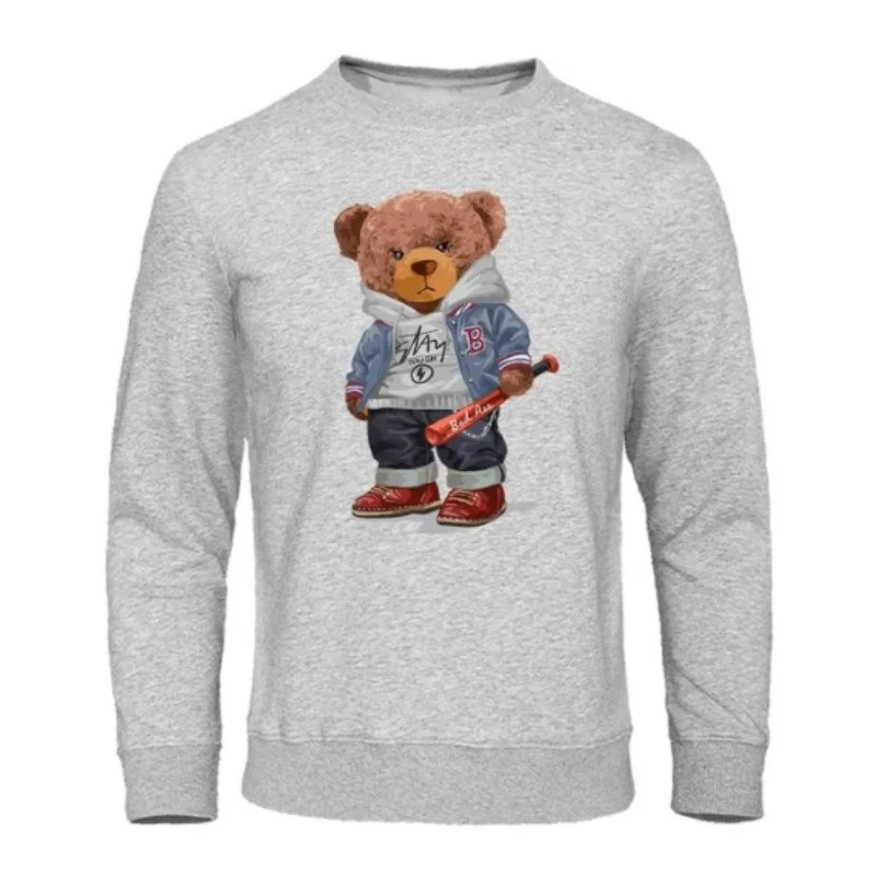 Street Baseball Teddy Bear Boy Hoodie For Mens Funny Warm Sweatshirt Novelty Fleece Streetwears Harajuku Fashion Hoodies Male