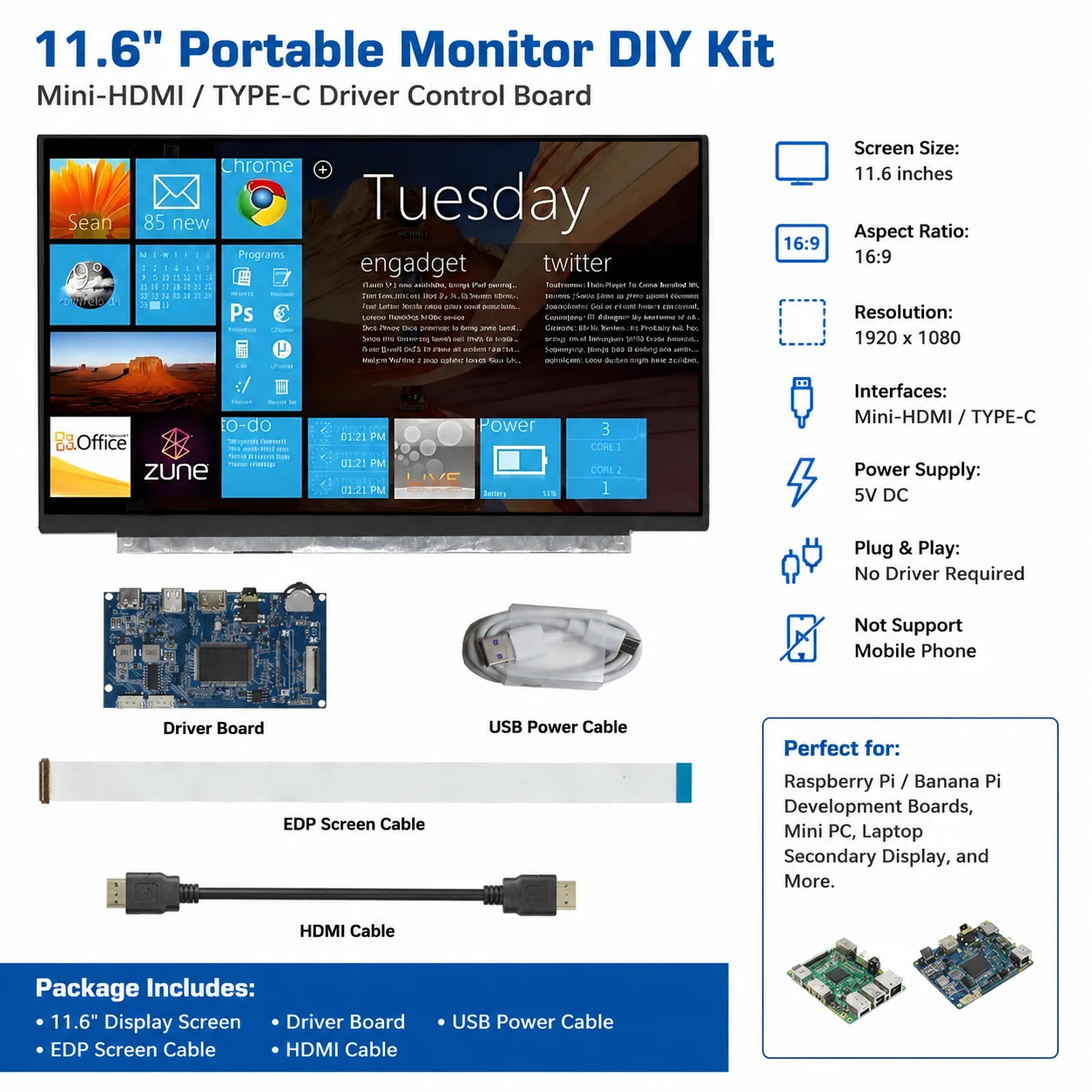

11.6 inch UniversalLCD Display Screen HDMI-Compatible Tpye-C Driver Control Board Computer Assisted development board Monitor