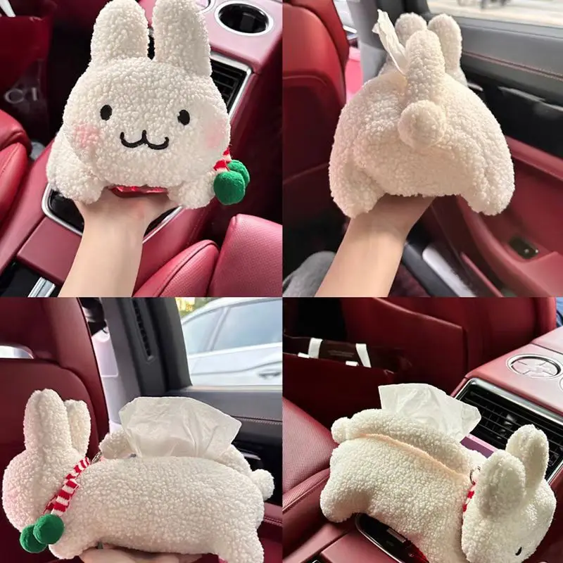 Boîte à mouchoirs montée sur voiture avec lapin en peluche, boîte d'accoudoir de voiture, jolie boîte à mouchoirs, adaptée à l'intérieur de la voiture