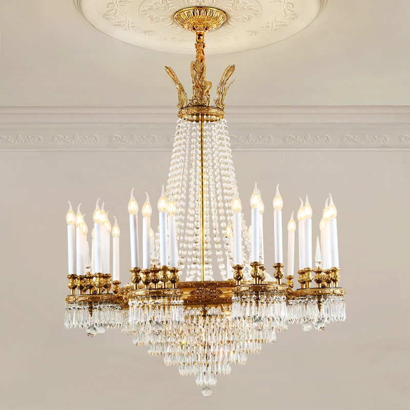 

French Baroque Brass Crystal Villa Duplex Hotel Lobby High Ceiling Chandelier Living Room Lighting European Copper Pendant Lamp