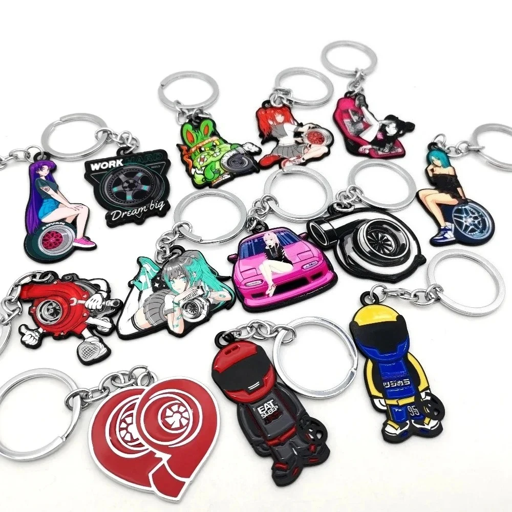 JDM Culture 3D Metal Zinc Alloy Keychain Car Auto Parts Key Chain Wheel Car Girl Keychain For Turbo Girl Racing Accessories