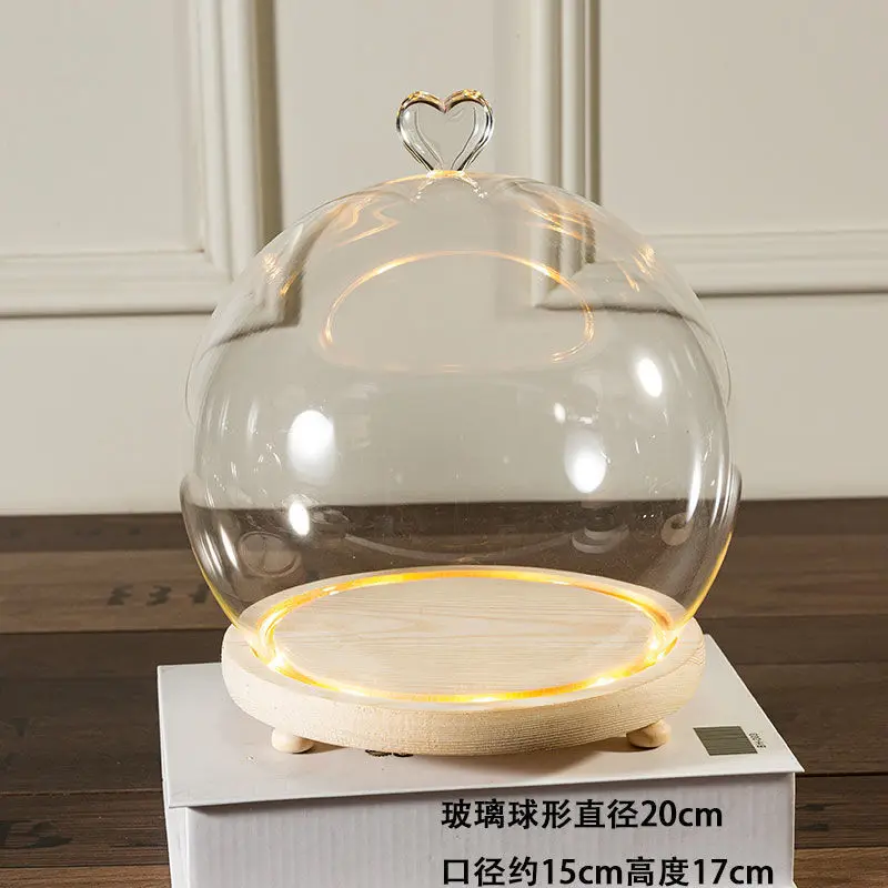 2sets/pack Diameter=20cm Heart Top Round Glass Dome Vase Home Decoration Different Luminous Log Base Cover DIY Gift Wedding Prop