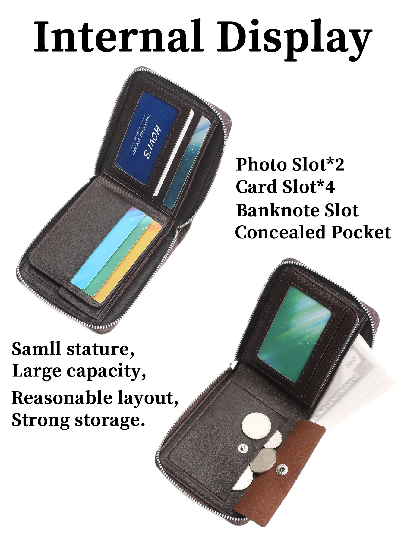 محفظة HOVI'S للرجال من جلد البولي يوريثان، محفظة رفيعة وخفيفة الوزن بسحاب للعملات المعدنية مع فتحات متعددة للبطاقات ونافذة معرف الصور