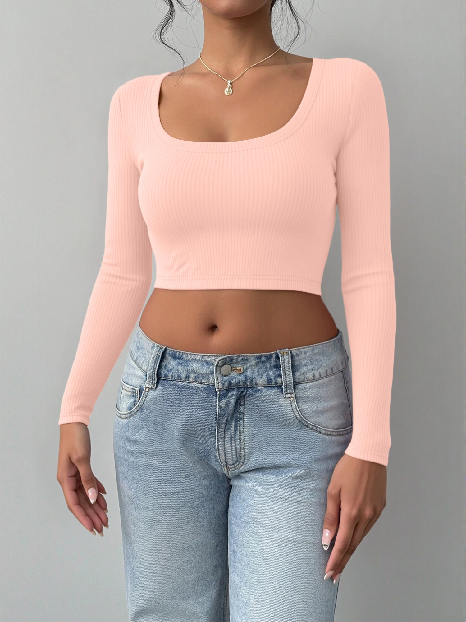 Gentle City Cropped Long Sleeve Top, Ribbed Wide Square Neck Tee for Neighborhood Walks & Appointments