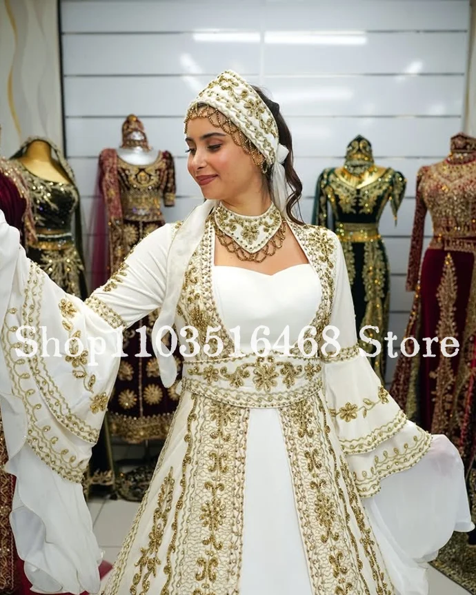 White Middle Eastern Evening Dresses With Placket Long Sleeve Luxury Gold Appliqued Tulle Marocca Robe Customisedفساتين سهرات