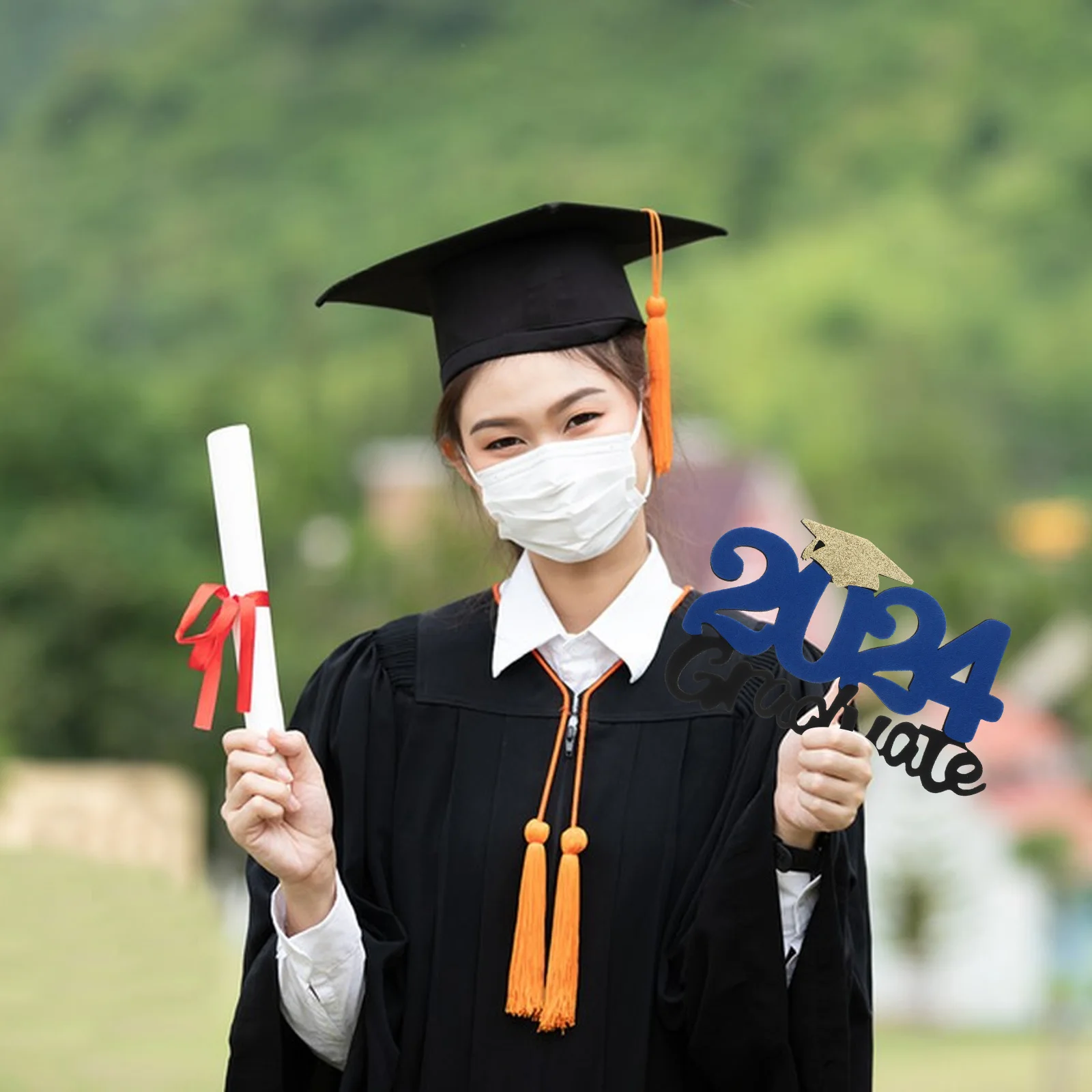 

Graduation Photo Props Blue Non Woven 2024 H held Sign Golden Glitter Supplies Photography Tool Lightweight Portable