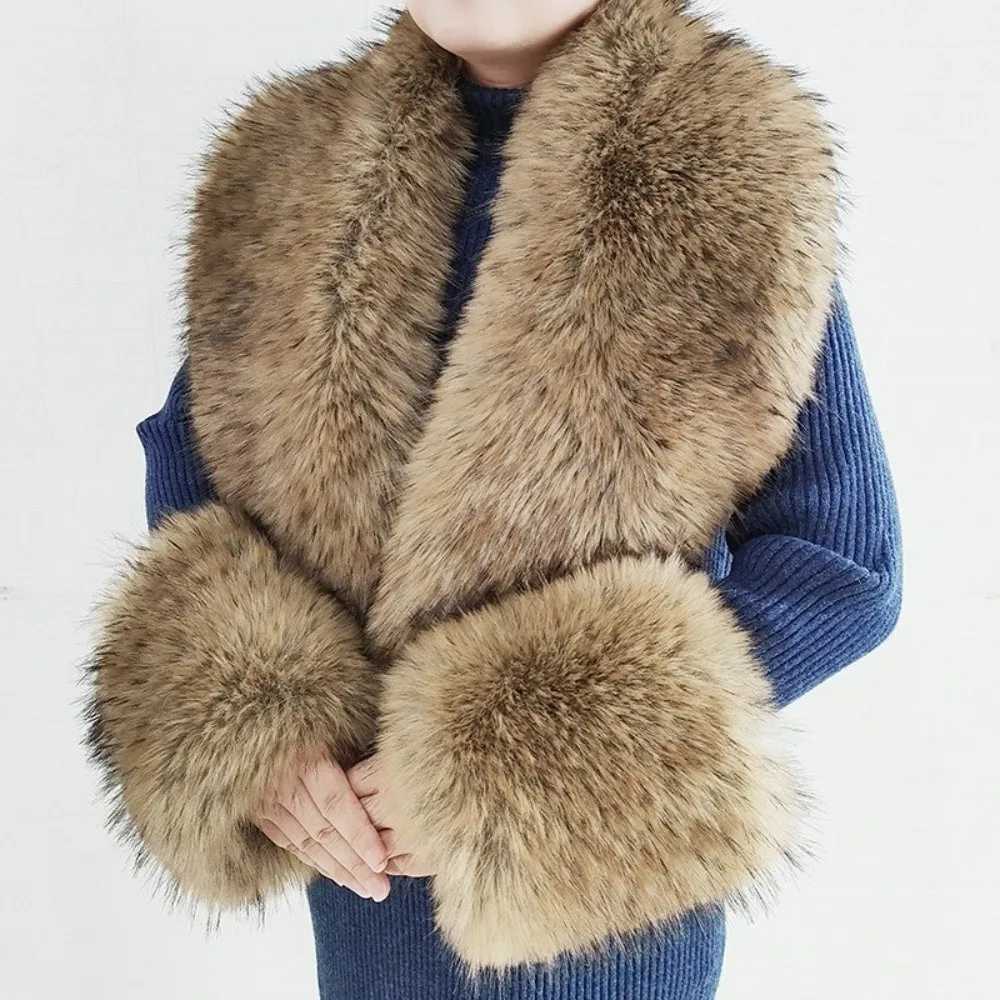 Large Size Faux Fur Collar Set V Shape Thick Warm Fur Cuff Set Detachable Oversized Decorative Fur Scarf