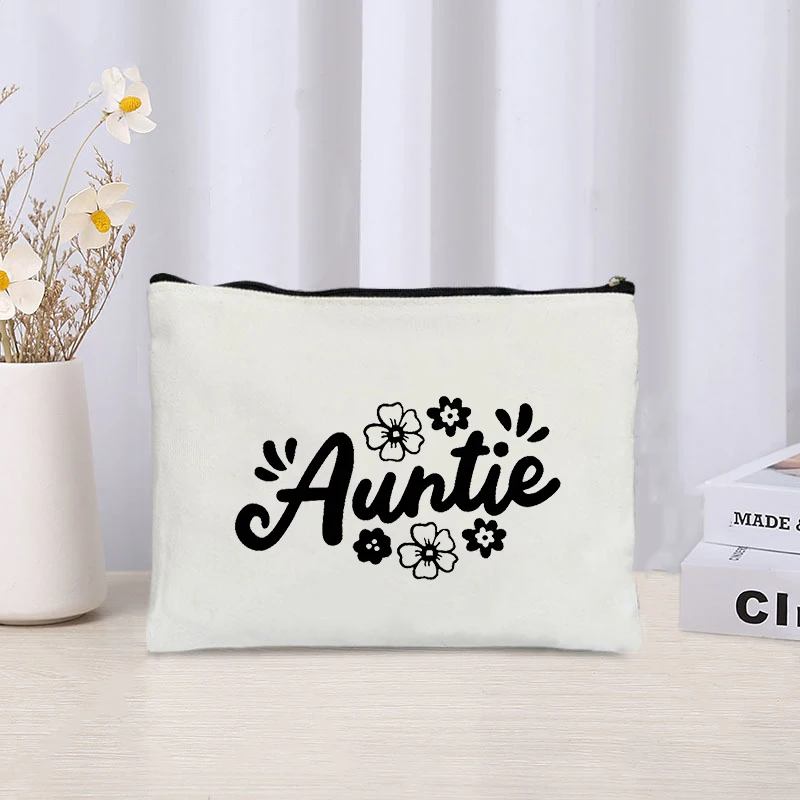 Auntie Flowers Printed Canvas Cosmetic Bag Office Supplies Storage Pencil Bag Wallet Travel Perfume Lipstick Pouch Gift for Aunt