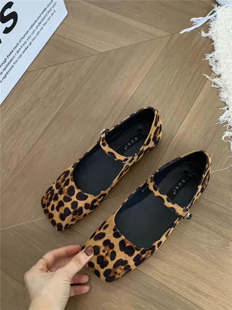 Flat Heels French Dress Party Shoes for Woman Mary Jane Square Toe Leopard Print Classic casual Lady Shoes Fashion Shallow Mujer