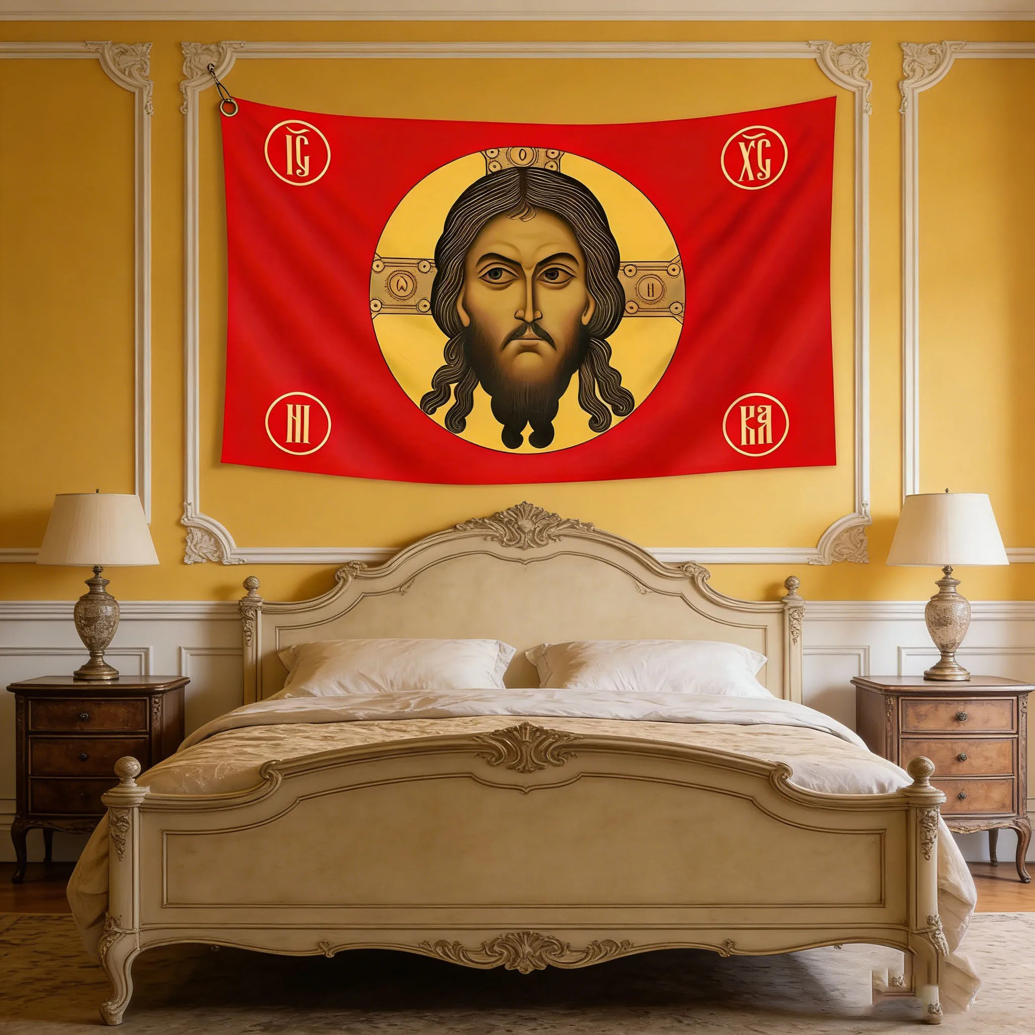 Russian Orthodox XC Monogram Imperial Christ Face Wall Flag Red Gold Religious Banner for Garage Man Cave Dorm Outdoor Decor