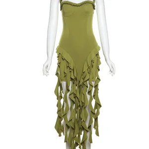 Seltsame weibliche Katzenschicke unregelmäßiger Quasten Saum Rückenfreies Halfterkleid, sexy Split Midnight Club Bodycon, Geburtstagsfeier, Sommer Hauptverkaufsrand - №5