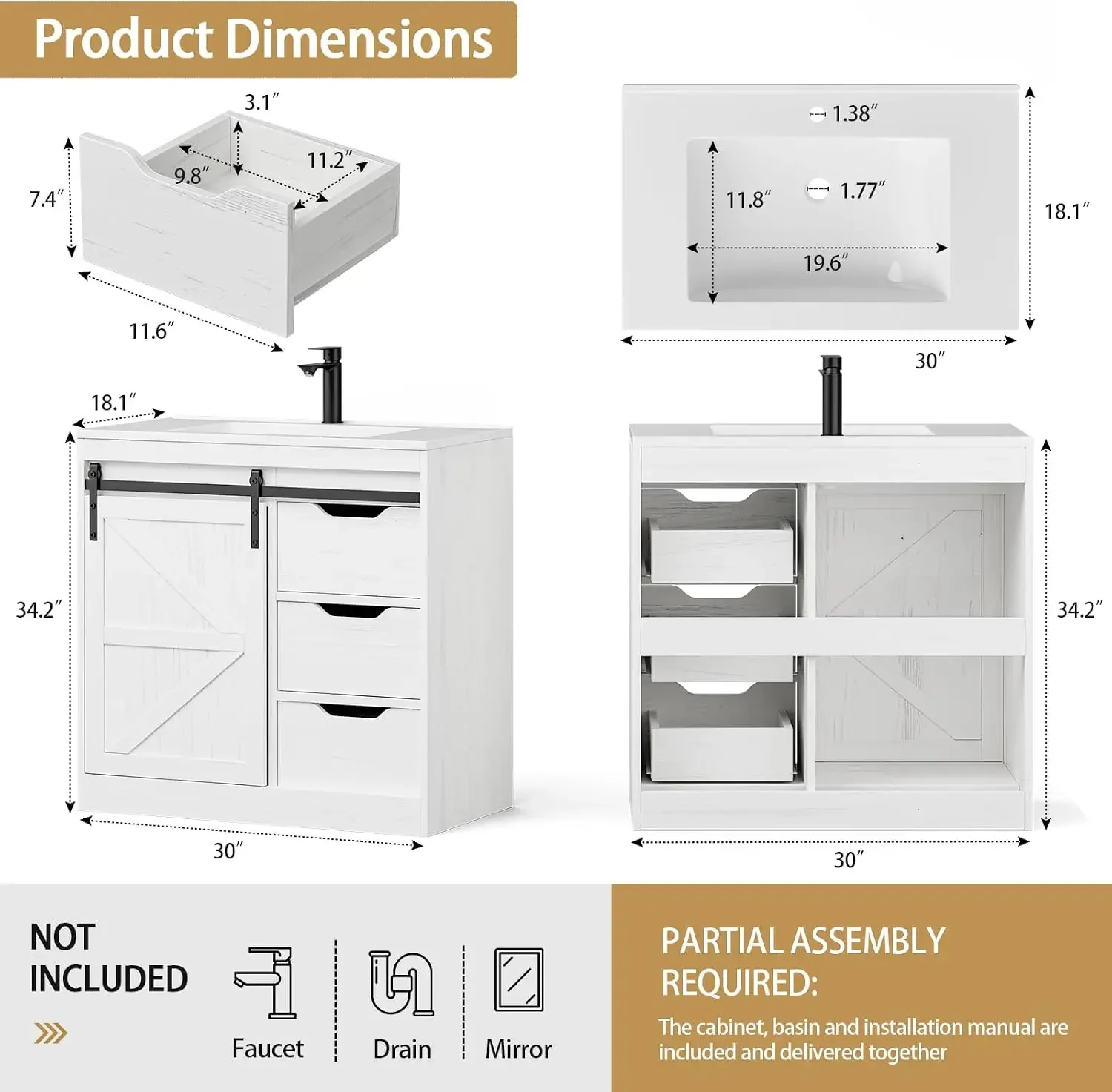 Bathroom Vanity with Sink, Freestanding Farmhouse Bathroom Storage Cabinet with 3 Drawers & Sliding Door, White Resin Basin Vani