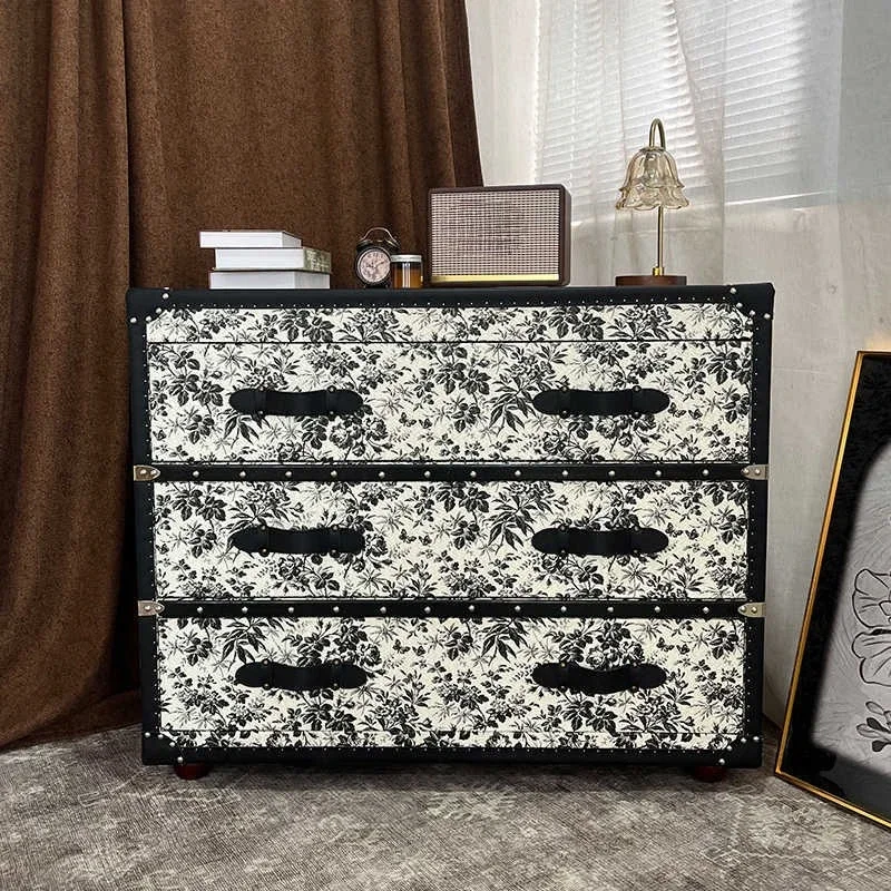 French side cabinet, antique chest cabinet, retro black and white pattern, living room side cab inet