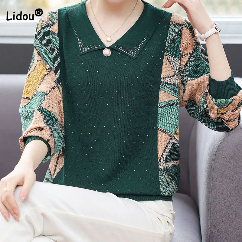 

Autumn Winter Fashion Elegant Printing Spliced Knitted T-shirt Women's Clothing Vintage Casual Long Sleeve Turn-down Collar Tops