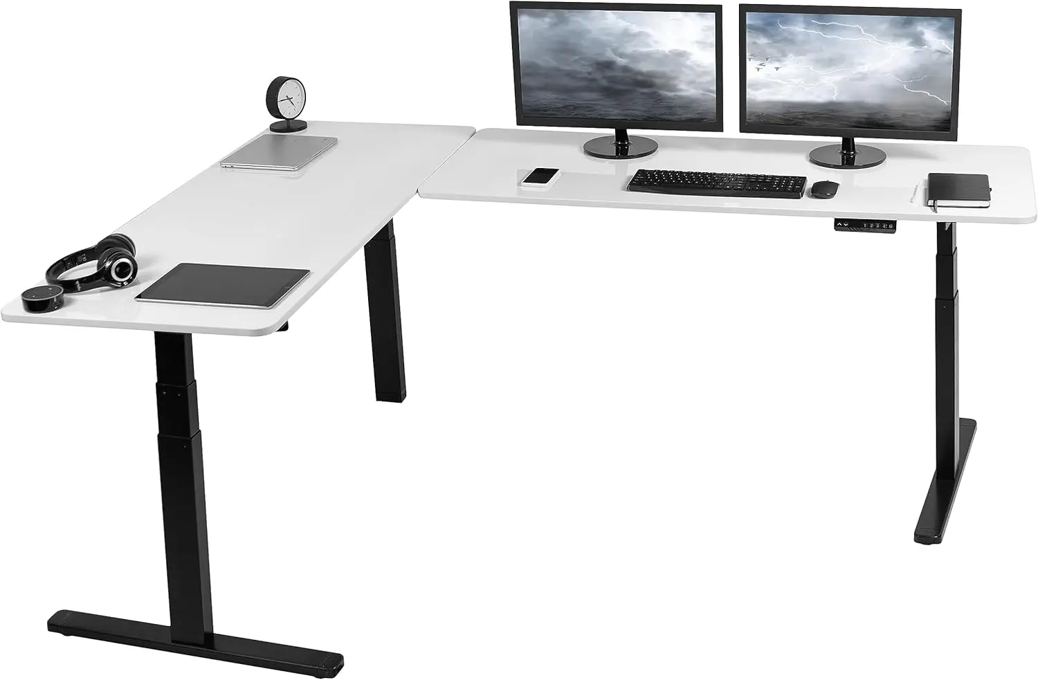 Electric Height Adjustable 83 x 60 inch Corner Stand Up Desk 2 White Dry Erase Solid Table Tops Black Frame