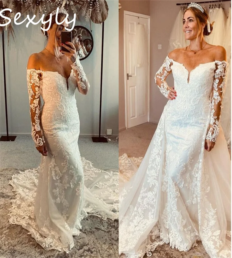 

Plus Size Detachable Train Wedding Dress Curvy Off Shoulder Mermaid Bride Dress Long Sleeve Lace Rustic Country Civil Customized