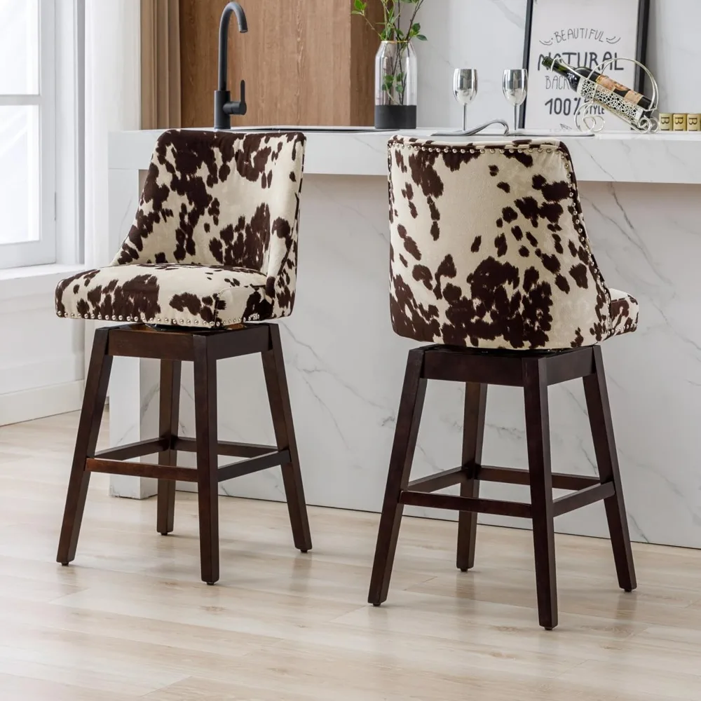 

Pair of Mid-Century Modern Velvet Swivel Bar Stools with Backrest and Distressed Wood