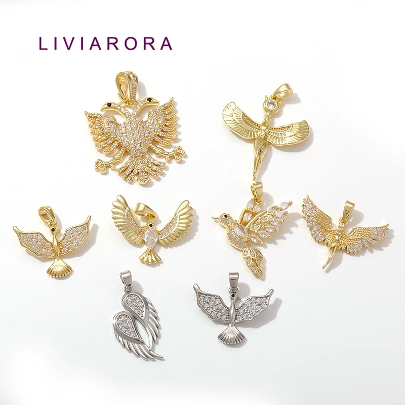 1Pc 18K Gold Plated Brass Eagle Phoenix Bird Pendant Charms CZ Dove Swan Wing Flying Bird Animal Charms For Jewelry Making