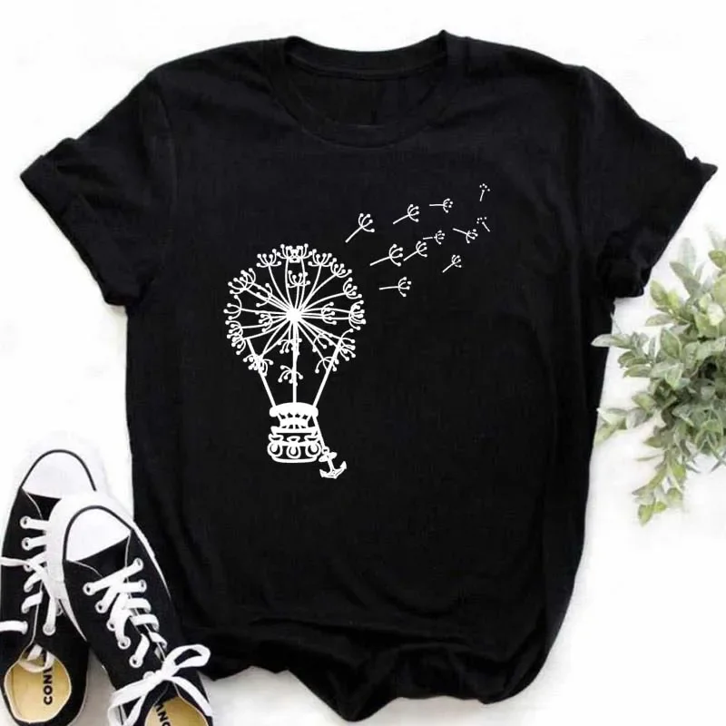 여성용 민들레 나비 프린트 티셔츠, 캐주얼 화이트 및 블랙 티셔츠, 재미있는 티셔츠 선물, 젊은 소녀 상의, 여름 신상