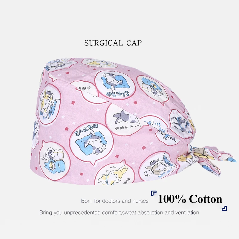 Gorros de algodón con estampado de conejito Unisex, gorros quirúrgicos de enfermera, absorbentes del sudor, estampado de médico y laboratorio de