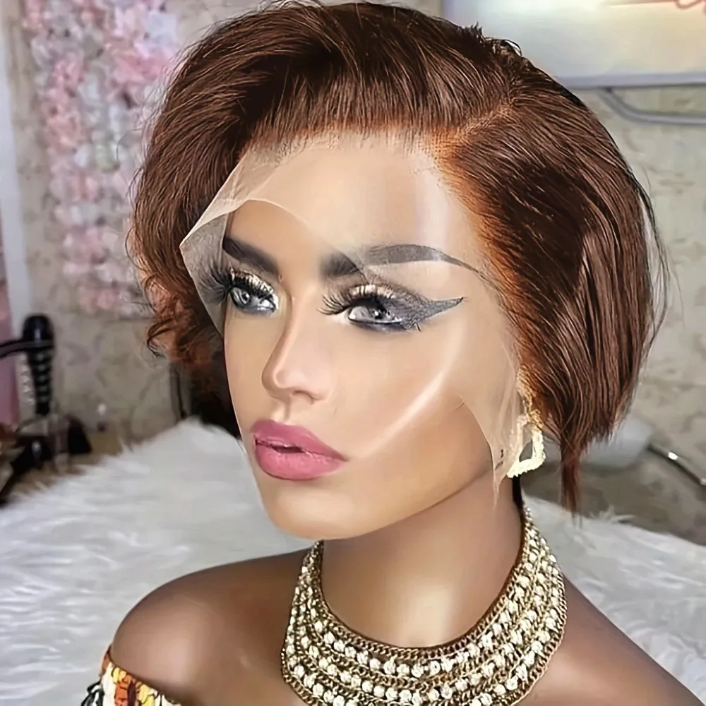 باروكة بيكسي بدانتيل أمامي 13X4 لون أسود وبني للنساء للاستخدام اليومي للحفلات شعر مستعار بقص عابث شعر مستعار قصير مفرود من شعر طبيعي #3