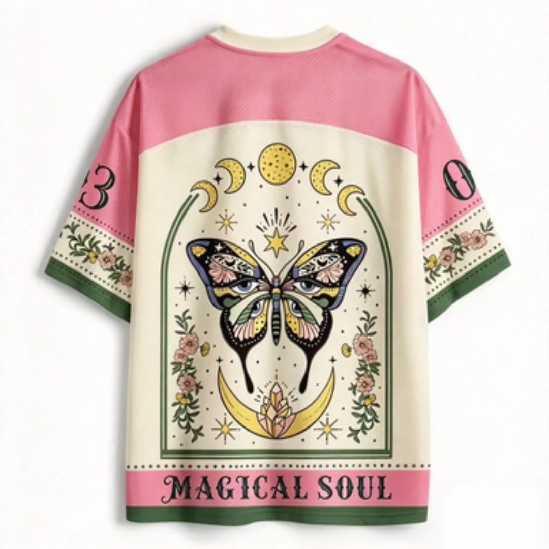 Magic Soul Butterfly Star Moon Pattern V-neck Retro Tarot Style Colorful Butterfly Pattern Casual Loose Street Style T-shirt
